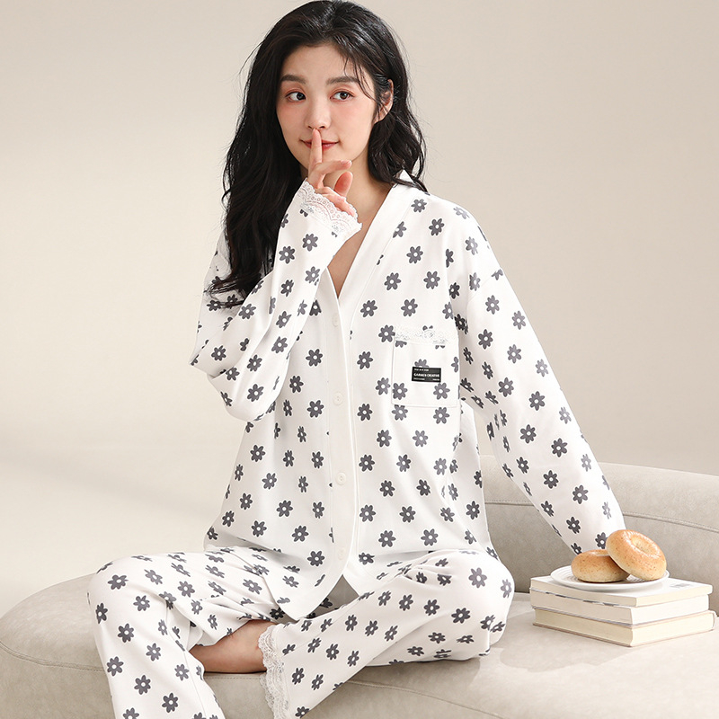 Ženski pamučni noćni set – jednostavan ležeran stil, V-dekolte, dugi rukavi, hlače