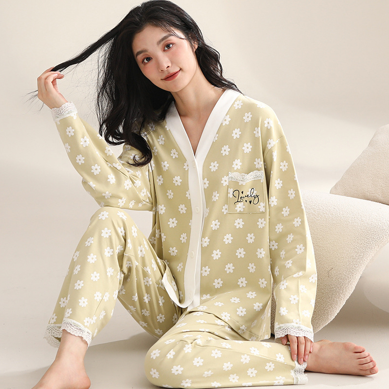 Ženski pamučni noćni set – jednostavan ležeran stil, V-dekolte, dugi rukavi, hlače