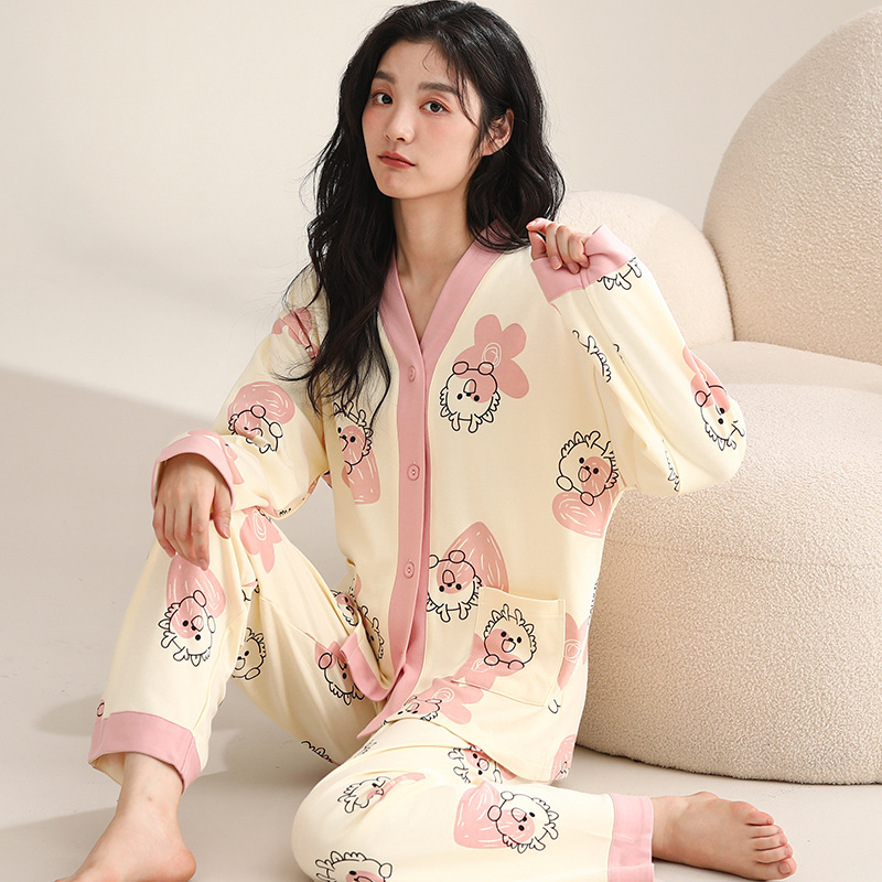 Ženski pamučni noćni set – jednostavan ležeran stil, V-dekolte, dugi rukavi, hlače