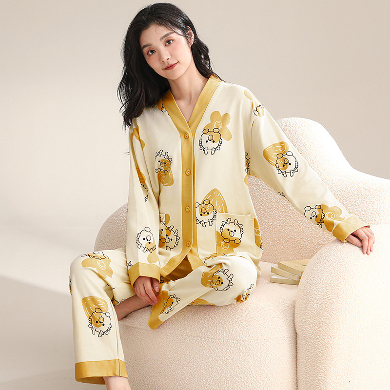 Ženski pamučni noćni set – jednostavan ležeran stil, V-dekolte, dugi rukavi, hlače