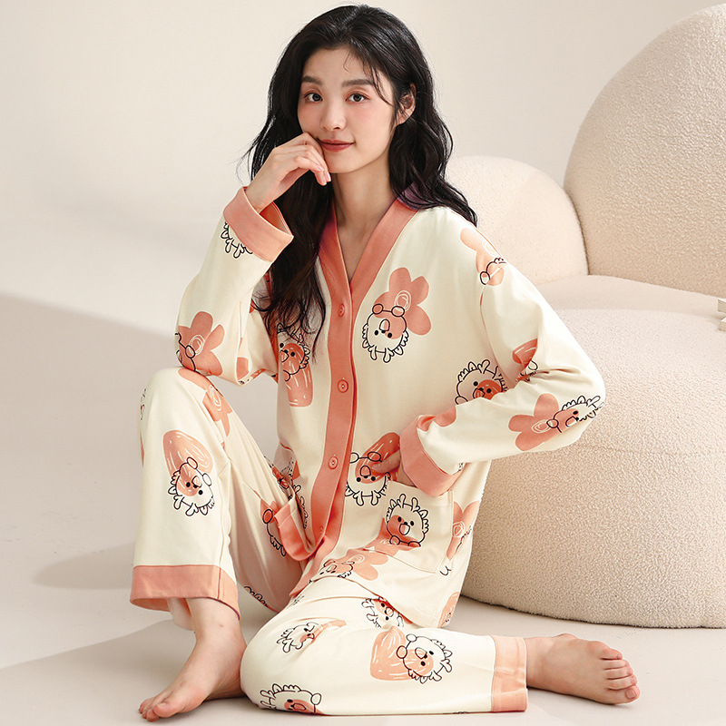 Ženski pamučni noćni set – jednostavan ležeran stil, V-dekolte, dugi rukavi, hlače