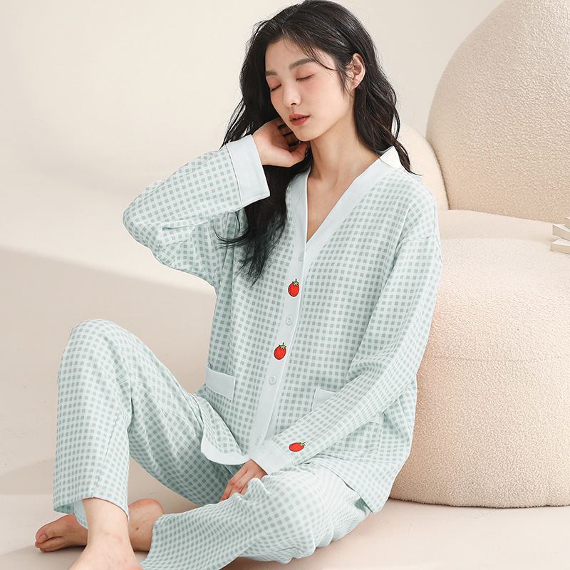 Ženski pamučni noćni set – jednostavan ležeran stil, V-dekolte, dugi rukavi, hlače