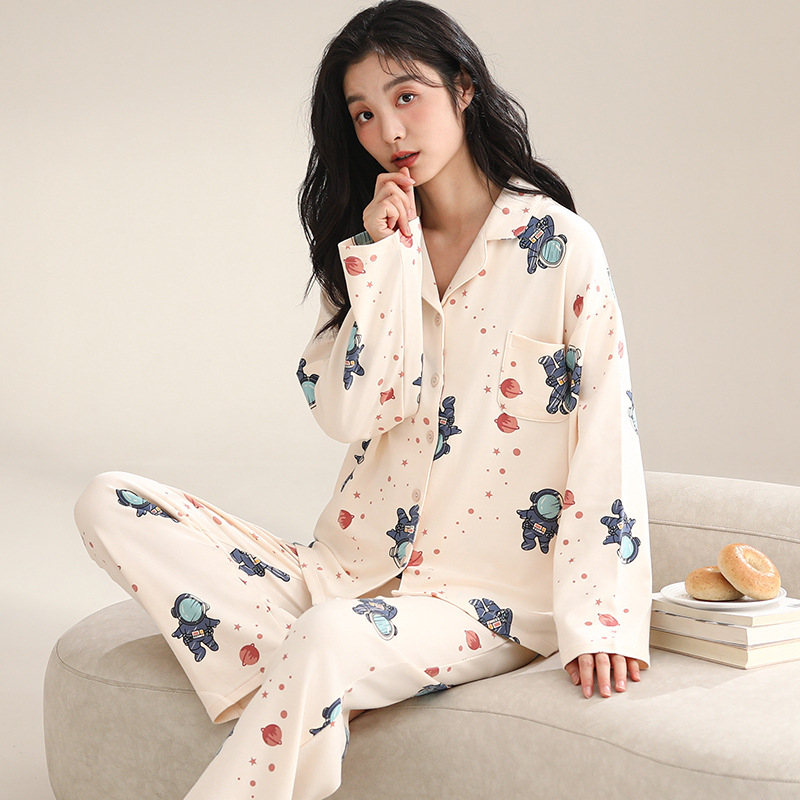 Ženski pamučni noćni set – jednostavan ležeran stil, V-dekolte, dugi rukavi, hlače