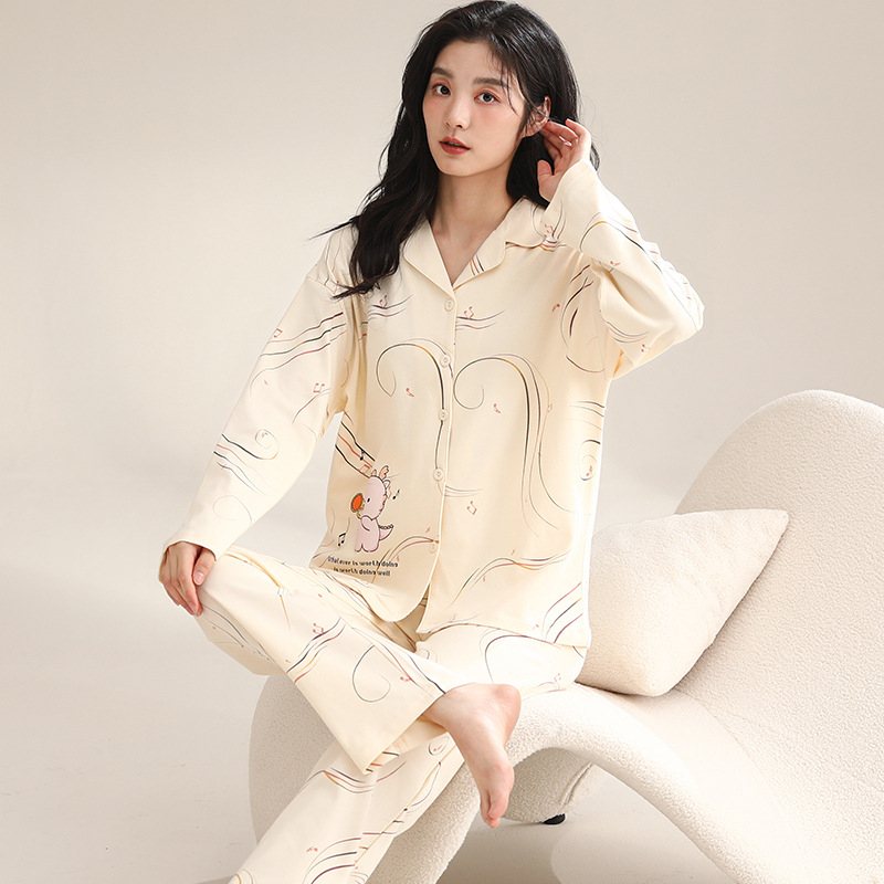 Ženski pamučni noćni set – jednostavan ležeran stil, V-dekolte, dugi rukavi, hlače