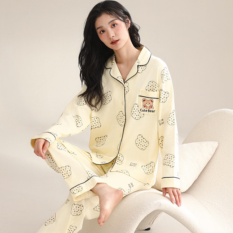 Ženski pamučni noćni set – jednostavan ležeran stil, V-dekolte, dugi rukavi, hlače