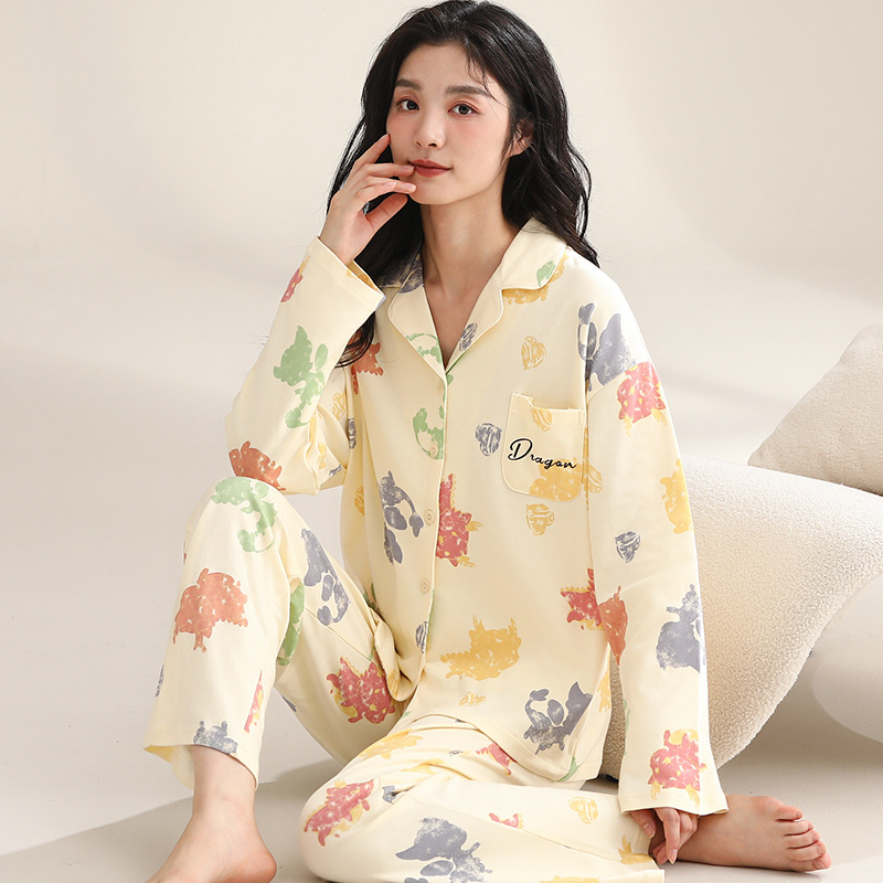 Ženski pamučni noćni set – jednostavan ležeran stil, V-dekolte, dugi rukavi, hlače