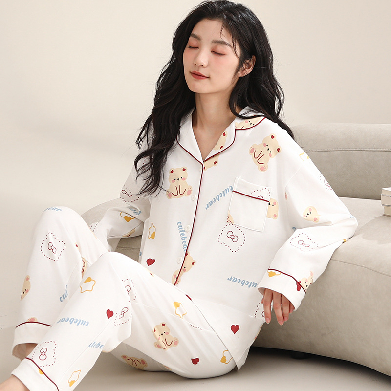 Ženski pamučni noćni set – jednostavan ležeran stil, V-dekolte, dugi rukavi, hlače