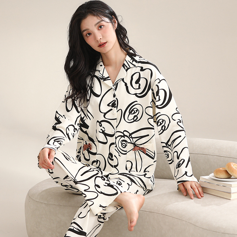 Ženski pamučni noćni set – jednostavan ležeran stil, V-dekolte, dugi rukavi, hlače