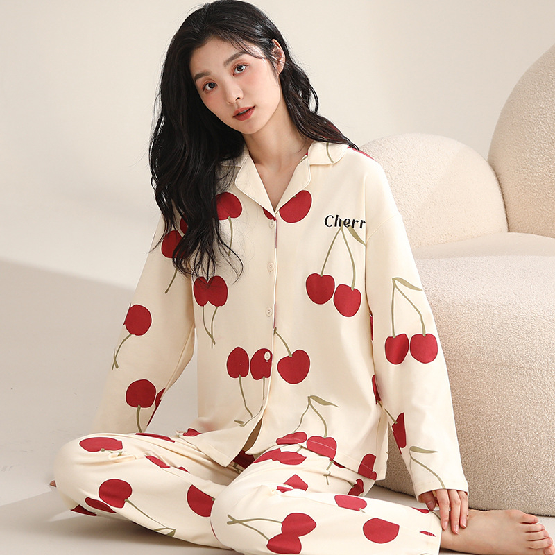 Ženski pamučni noćni set – jednostavan ležeran stil, V-dekolte, dugi rukavi, hlače