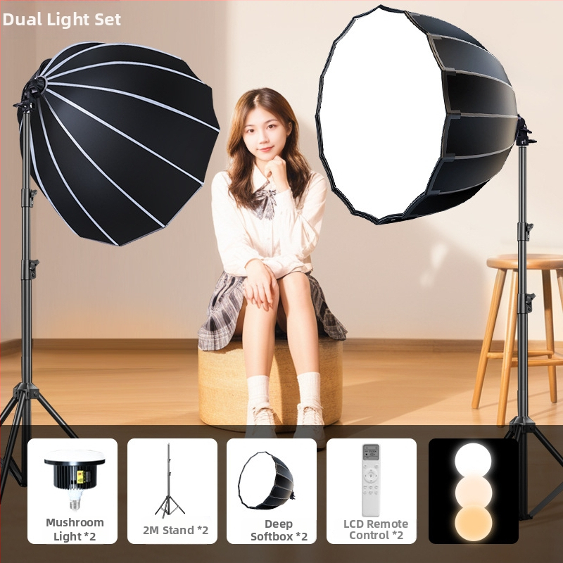 Profesionalus LED grybų lemputė fotografavimui su nuotolinio valdymo – ryškumas reguliuojamas, spalvų temperatūra reguliuojama, tinka tiesioginėms transliacijoms ir fotografavimui