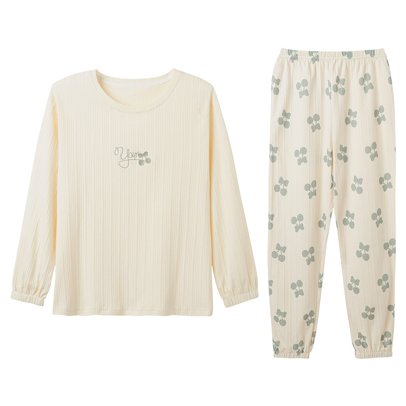 Sieviešu 100% kokvilnas pidžāmu komplekts, garas piedurknes un bikses, plāns audums, vidēja svara 181–200 g/m2, apļveida kakla izgriezums, augstas klases mājas apģērbs visu sezonu