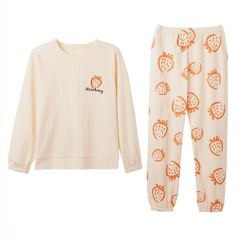 Ženski pidžama set od 100% pamuka, s dugim rukavima i hlačama, tanak materijal, srednje težine 181–200 g/m2, okrugli vrat, luksuzni kućni stil za cijelu godinu