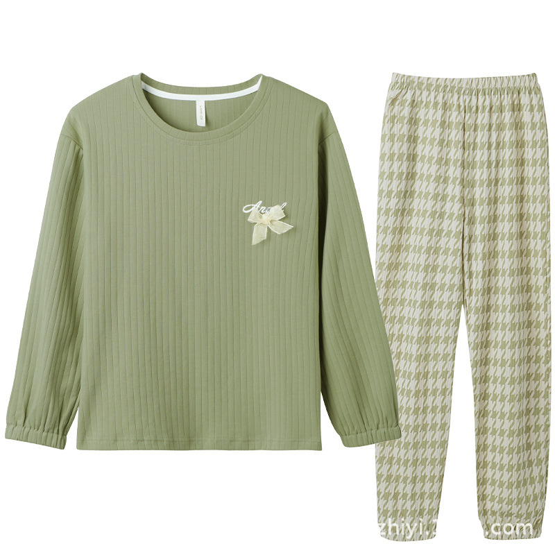 Ženski pidžama set od 100% pamuka, s dugim rukavima i hlačama, tanak materijal, srednje težine 181–200 g/m2, okrugli vrat, luksuzni kućni stil za cijelu godinu