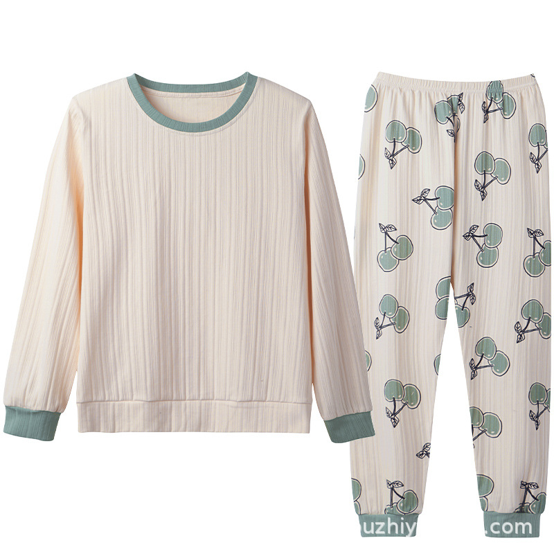 Ženski pidžama set od 100% pamuka, s dugim rukavima i hlačama, tanak materijal, srednje težine 181–200 g/m2, okrugli vrat, luksuzni kućni stil za cijelu godinu