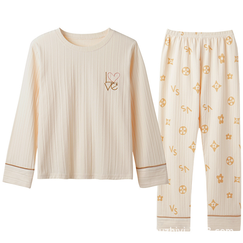 Ženski pidžama set od 100% pamuka, s dugim rukavima i hlačama, tanak materijal, srednje težine 181–200 g/m2, okrugli vrat, luksuzni kućni stil za cijelu godinu