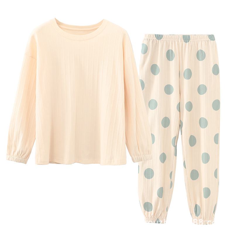 Ženski pidžama set od 100% pamuka, s dugim rukavima i hlačama, tanak materijal, srednje težine 181–200 g/m2, okrugli vrat, luksuzni kućni stil za cijelu godinu