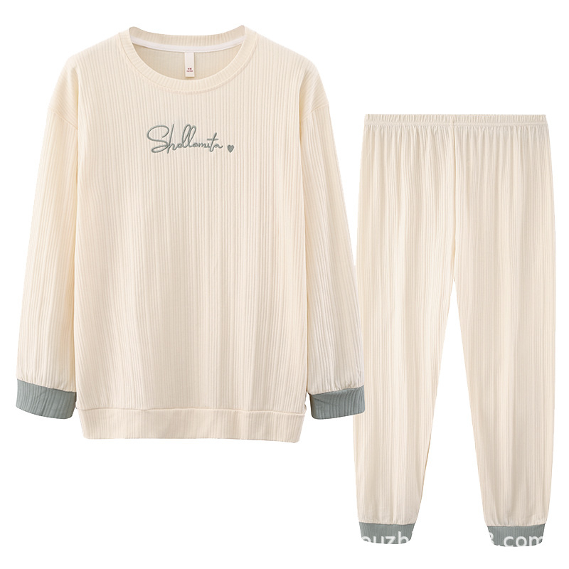 Ženski pidžama set od 100% pamuka, s dugim rukavima i hlačama, tanak materijal, srednje težine 181–200 g/m2, okrugli vrat, luksuzni kućni stil za cijelu godinu