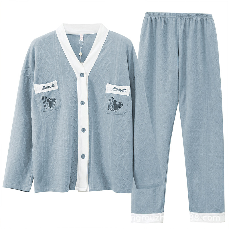 Ženski pidžama set od 100% pamuka, s dugim rukavima i hlačama, tanak materijal, srednje težine 181–200 g/m2, okrugli vrat, luksuzni kućni stil za cijelu godinu