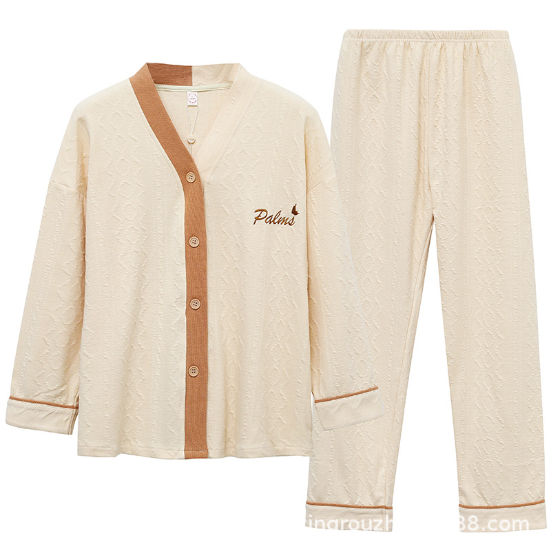 Ženski pidžama set od 100% pamuka, s dugim rukavima i hlačama, tanak materijal, srednje težine 181–200 g/m2, okrugli vrat, luksuzni kućni stil za cijelu godinu