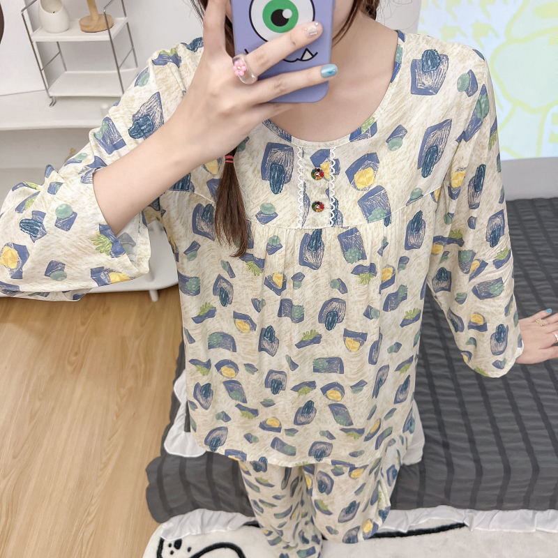 Pizama set, materijal pamuk-saten viskoza, dugi rukav gornji dio, hlače, ljetno-proljetni ležerni stil