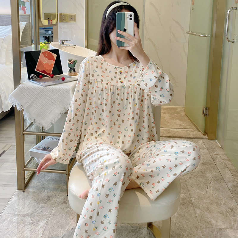 Pizama set, materijal pamuk-saten viskoza, dugi rukav gornji dio, hlače, ljetno-proljetni ležerni stil