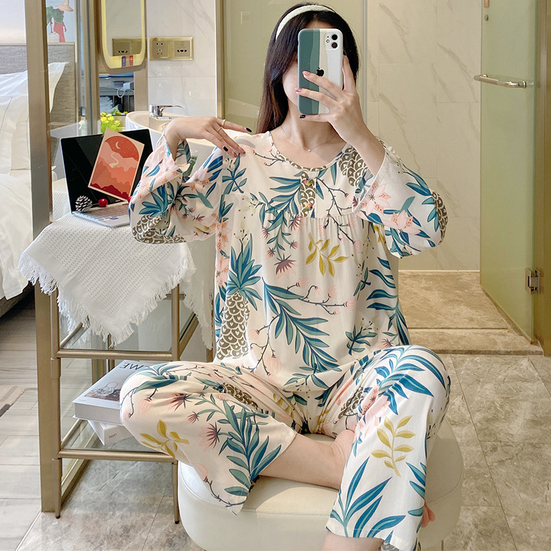 Pizama set, materijal pamuk-saten viskoza, dugi rukav gornji dio, hlače, ljetno-proljetni ležerni stil