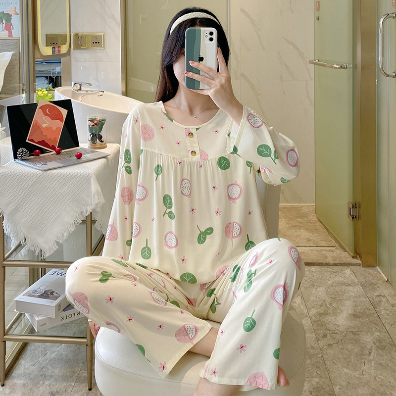 Pizama set, materijal pamuk-saten viskoza, dugi rukav gornji dio, hlače, ljetno-proljetni ležerni stil