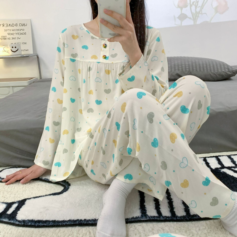 Pizama set, materijal pamuk-saten viskoza, dugi rukav gornji dio, hlače, ljetno-proljetni ležerni stil