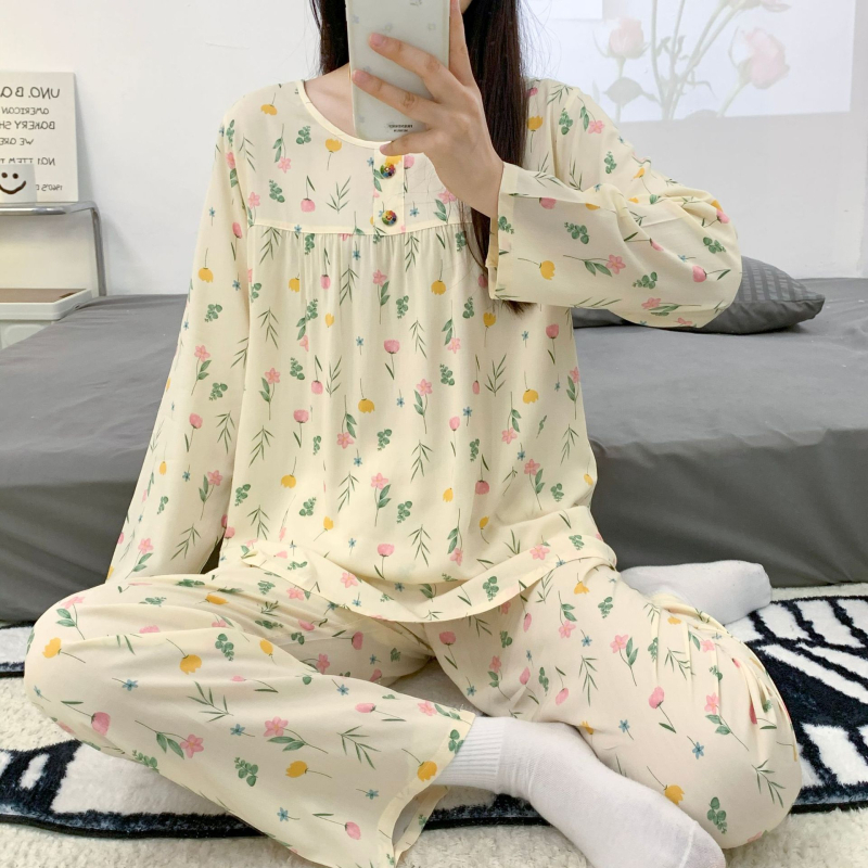 Pizama set, materijal pamuk-saten viskoza, dugi rukav gornji dio, hlače, ljetno-proljetni ležerni stil