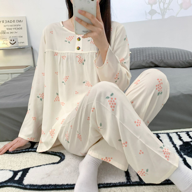 Pizama set, materijal pamuk-saten viskoza, dugi rukav gornji dio, hlače, ljetno-proljetni ležerni stil