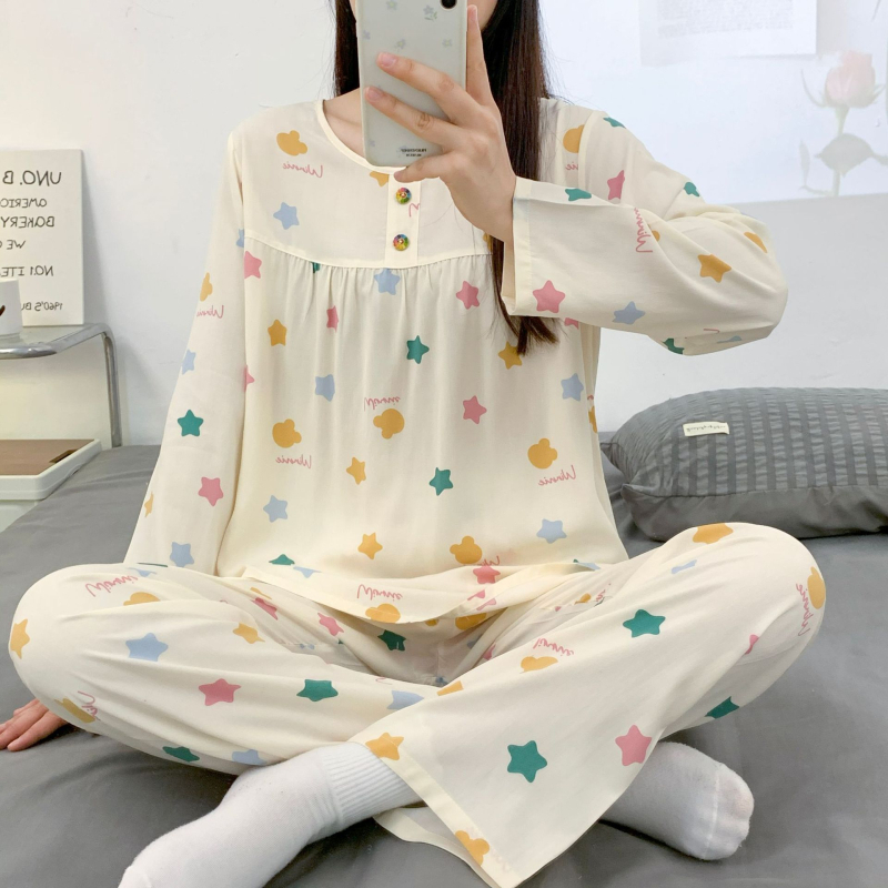 Pizama set, materijal pamuk-saten viskoza, dugi rukav gornji dio, hlače, ljetno-proljetni ležerni stil