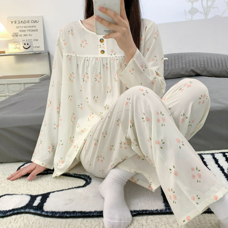 Pizama set, materijal pamuk-saten viskoza, dugi rukav gornji dio, hlače, ljetno-proljetni ležerni stil