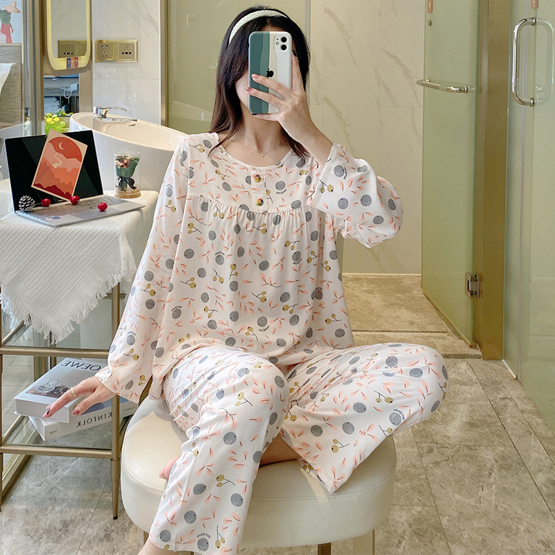 Pizama set, materijal pamuk-saten viskoza, dugi rukav gornji dio, hlače, ljetno-proljetni ležerni stil