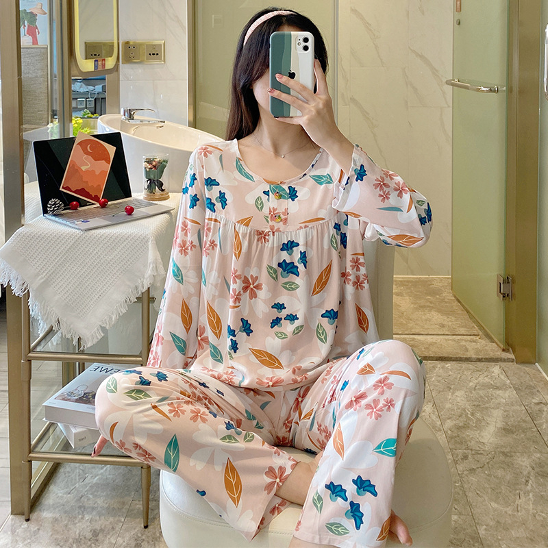 Pizama set, materijal pamuk-saten viskoza, dugi rukav gornji dio, hlače, ljetno-proljetni ležerni stil