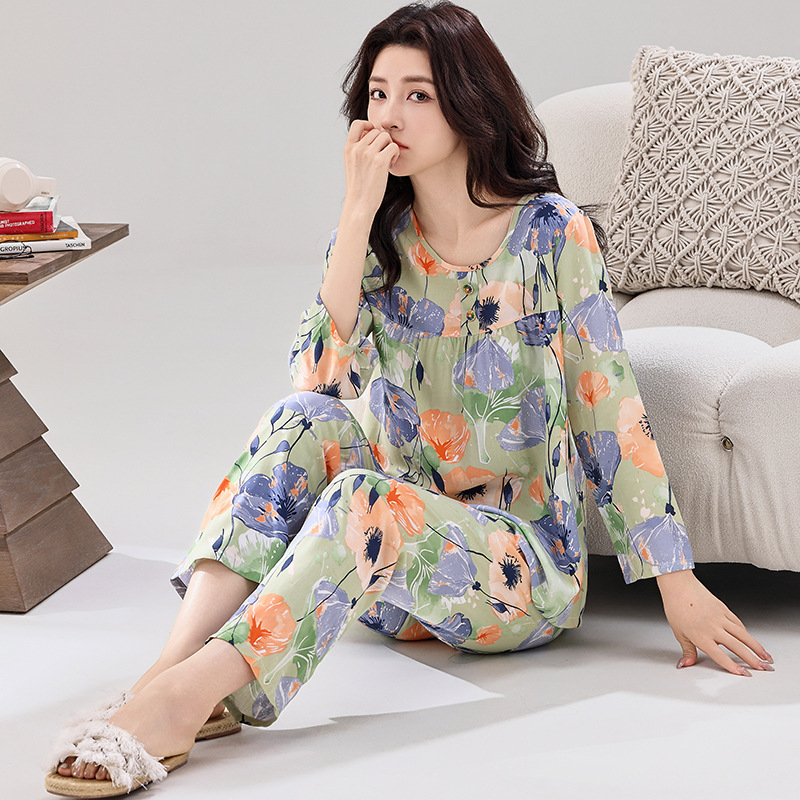 Pizama set, materijal pamuk-saten viskoza, dugi rukav gornji dio, hlače, ljetno-proljetni ležerni stil