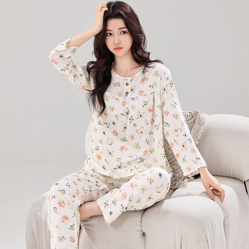 Pizama set, materijal pamuk-saten viskoza, dugi rukav gornji dio, hlače, ljetno-proljetni ležerni stil