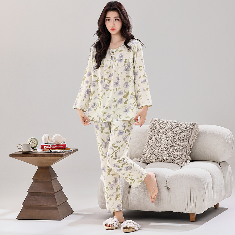Pizama set, materijal pamuk-saten viskoza, dugi rukav gornji dio, hlače, ljetno-proljetni ležerni stil