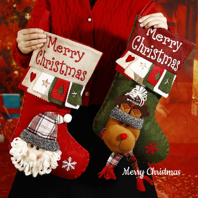3D kreslená vianočná vrecko na ponožky, cartoon dizajn, textilný materiál, vianočný dekor