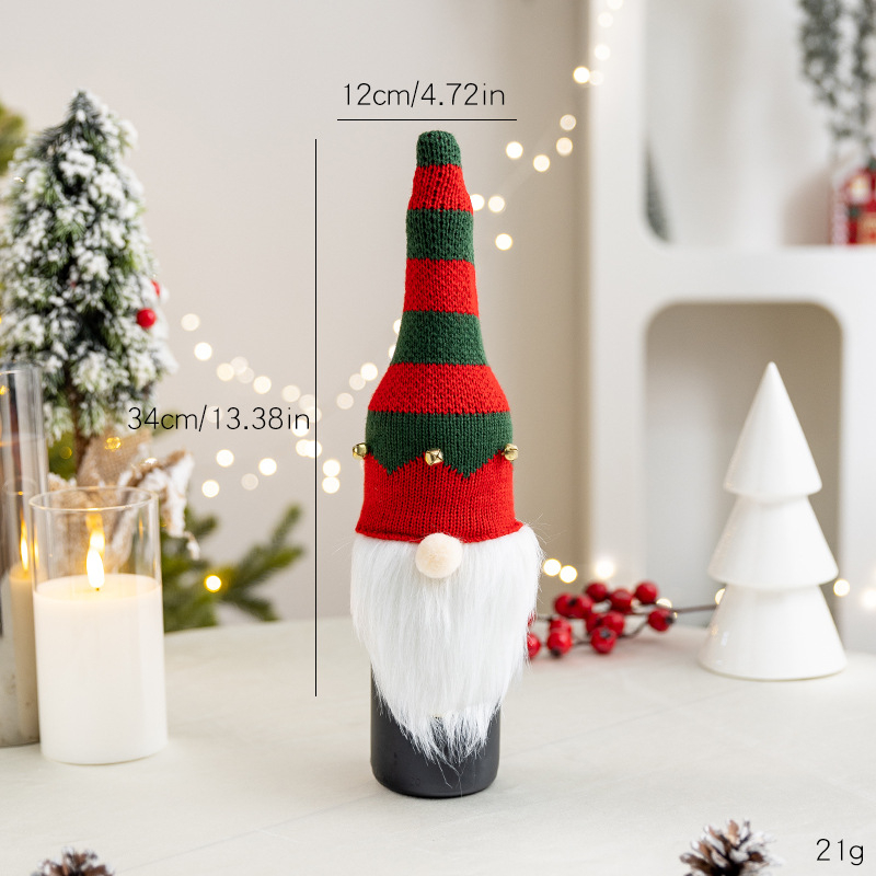 Pletený vianočný obal na fľašu vína s dizajnom elf starý muž — Značka Snow fir christmas — Dekorácie pre hotely a reštaurácie