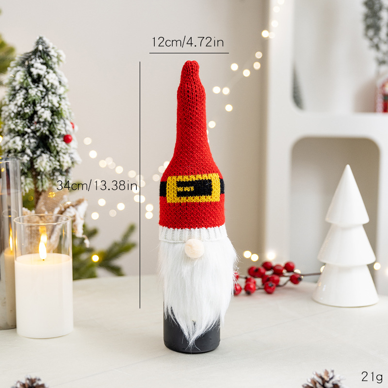 Pletený vianočný obal na fľašu vína s dizajnom elf starý muž — Značka Snow fir christmas — Dekorácie pre hotely a reštaurácie