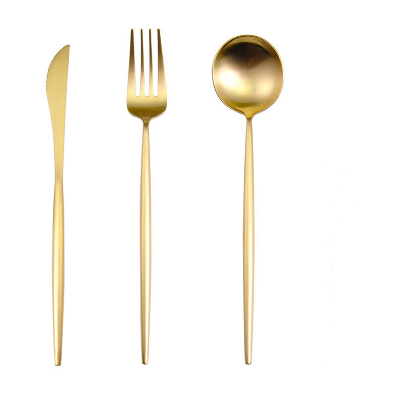 Set príborov z 304 nerezovej ocele s matným brúseným povrchom — nož, vidlica, lyžica a paličky pre hotelové použitie