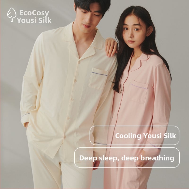 Pamučni pižama set s kardiganom s reverom, dugim rukavima i hlačama – jednostavan casual kućni komad