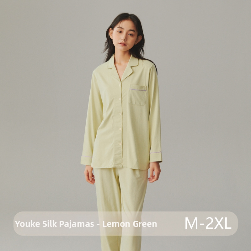 Pamučni pižama set s kardiganom s reverom, dugim rukavima i hlačama – jednostavan casual kućni komad