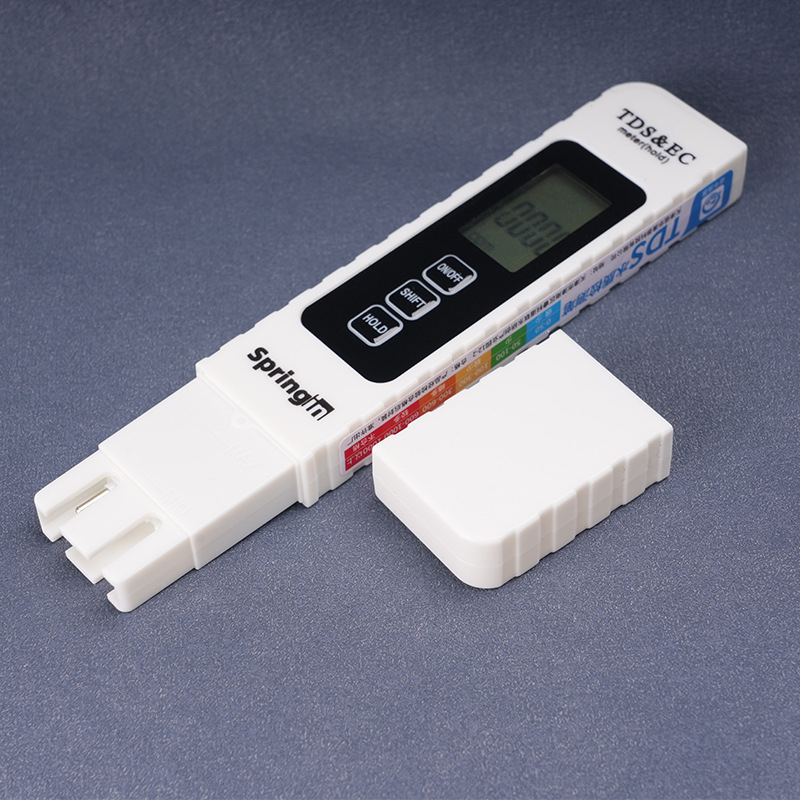 Trojnásobný TDS/EC tester s teplomerom pre analýzu kvality vody, plastové telo, vhodný na meranie výstupu z vodného čističa.