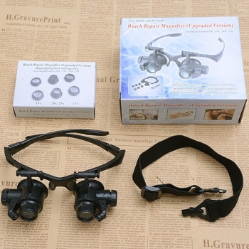 LED hlavový lup s LED osvetlením pre inšpekciu starožitností šperkov a hodiniek, zväčšenie 10x–25x, model 9892GJ, značka Safety test, licencovaná súkromná značka: Áno