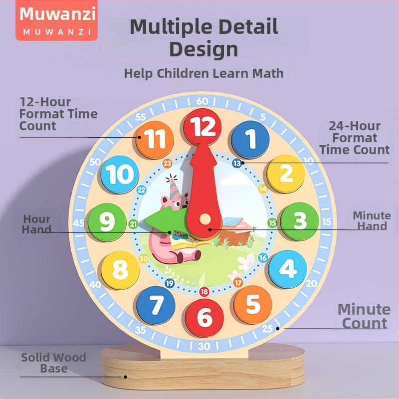 Medinis edukacinis laikrodis žaislas vaikams 4–6 metų — skatina praktinį mokymąsi ir pažintinį vystymąsi; supakuota į spalvotą dėžutę