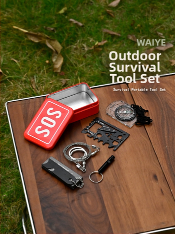 Crooked Wild SOS súprava na prežitie: krabička prežitia s kompasom, píšťalkou, drôtovým píla a prostriedkami prvej pomoci