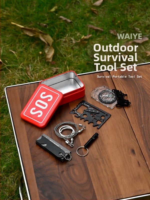 Crooked Wild SOS súprava na prežitie: krabička prežitia s kompasom, píšťalkou, drôtovým píla a prostriedkami prvej pomoci