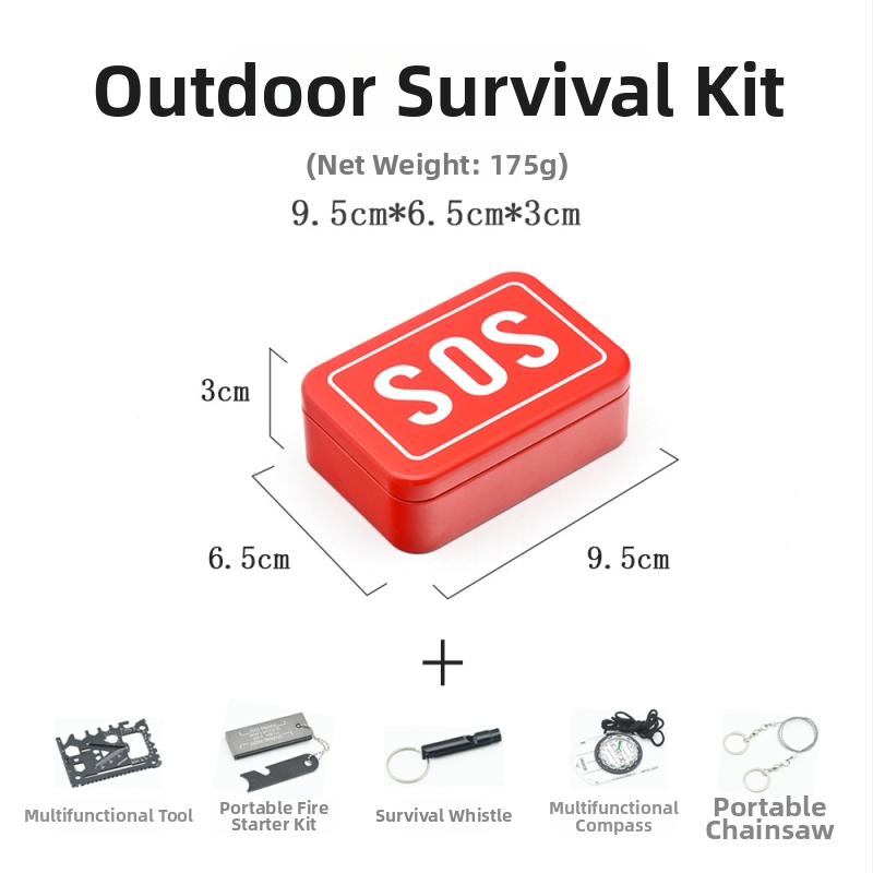 Crooked Wild SOS súprava na prežitie: krabička prežitia s kompasom, píšťalkou, drôtovým píla a prostriedkami prvej pomoci