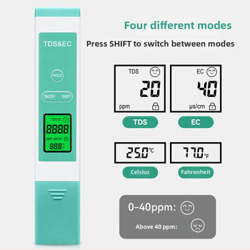 Prenosný TDS/EC merací prístroj na vodu — vysoká presnosť, rozsah 0–9990 ppm, presnosť ±1, rozlíšenie 1 ppm, napájanie 3V